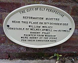 Memorial to the Ely Martyrs William Wolsey and Robert Pygot on the city's Cathedral Green