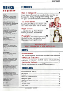 Mensa magazine contents page